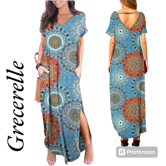 NWT Grecerelle Casual Loose Pocket V Neck Medallion Boho Print Maxi Dress Size S - Picture 1 of 13